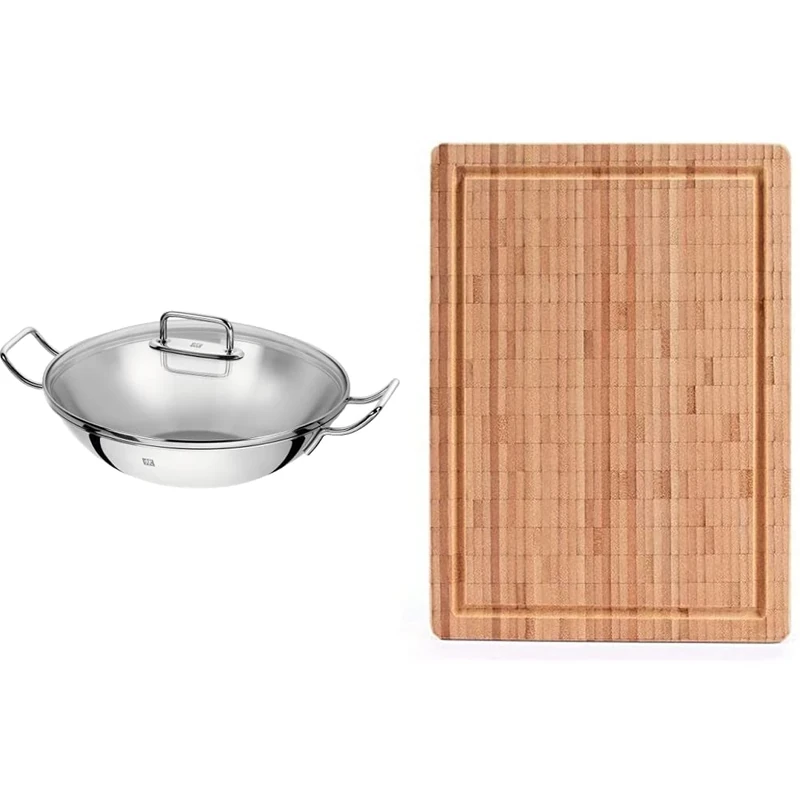 ZWILLING 40992-332-0 Wok, Incl. Glass Lid and Removable Grid Insert, Suitable for Induction, Ø 32 cm, Stainless Steel, Plus, Silver & Cutting Board, Bamboo, Large