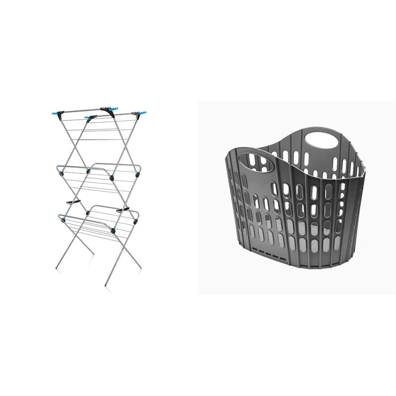 Minky 3 Tier Plus Clothes Airer & Addis Flat Easy Store Laundry Basket Hamper, Dark Grey, 38 Litre 518150