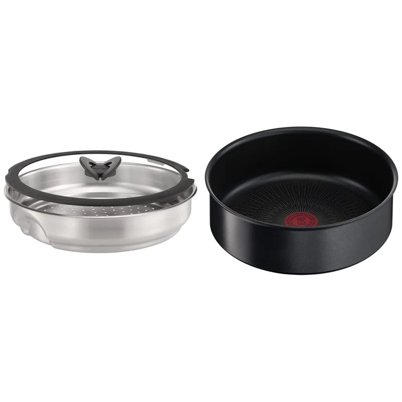 Tefal Ingenio Stainless Steel Steamer with Glass Lid & Ingenio Unlimited, 24cm Saucepan, Stackable, Removable Handle, Space Saving, Non-Stick, Induction, Black, L7633502