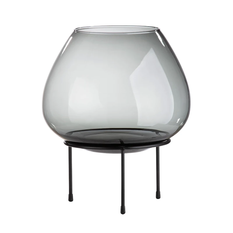 Gilde Vitu Lantern with Base, Glass and Metal, Anthracite and Black, Handmade, Diameter 26 x 30 cm