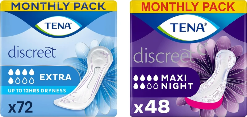 TENA Discreet Day & Night Bundle: Incontinence Pads for Women (12 x 6 packs) With Medium Bladder Weakness + Night Time Protection (Pack of 1)