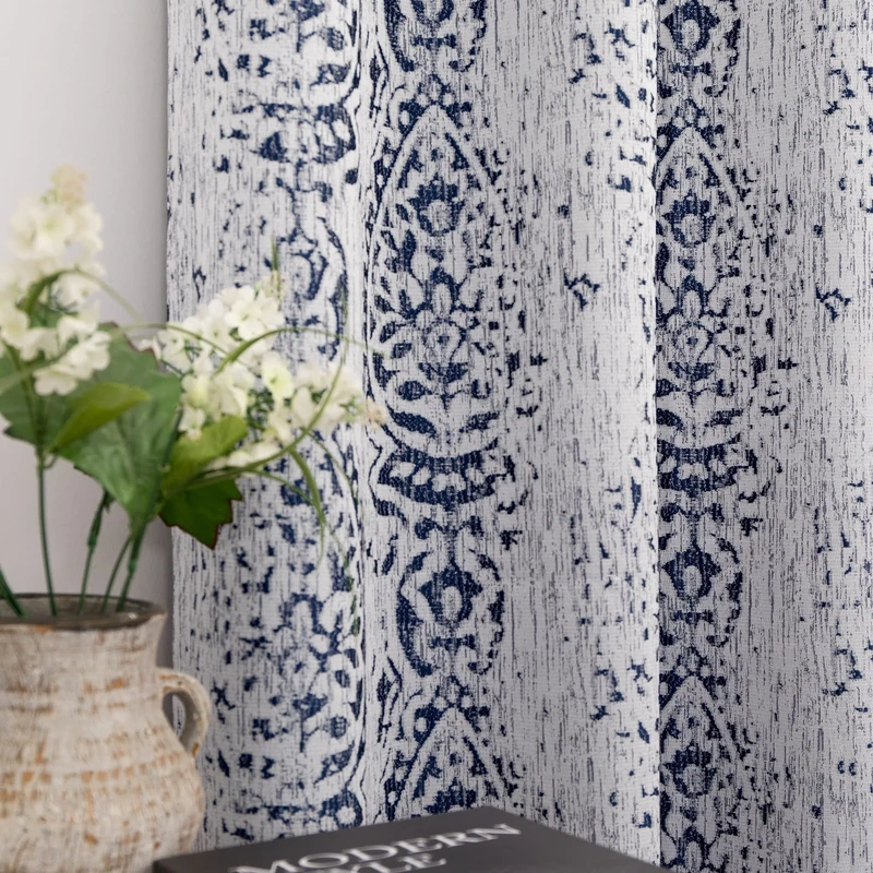 Indigo Blue Curtains 96 Inches Long for Dining Room Boho Distressed Damask Floral Patterned 50% Light Blocking Blackout Printed Curtains for Living Room Sliding Patio Door 96 Inch Length 2 Panel Set