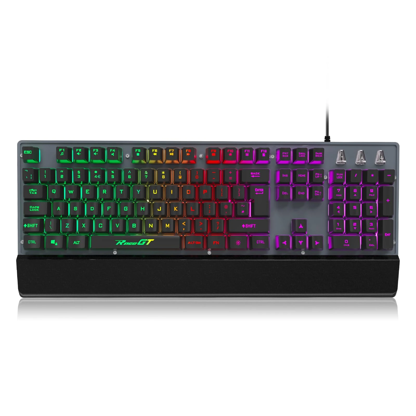 RaceGT Gaming Keyboard, Ergonomic LED Keyboard Gaming Rainbow Backlit USB Full Size Keyboard with Wrist Rest Light Up Wired Gaming Keyboards for PC Mac Laptop Computer Xbox Gamer UK Layout