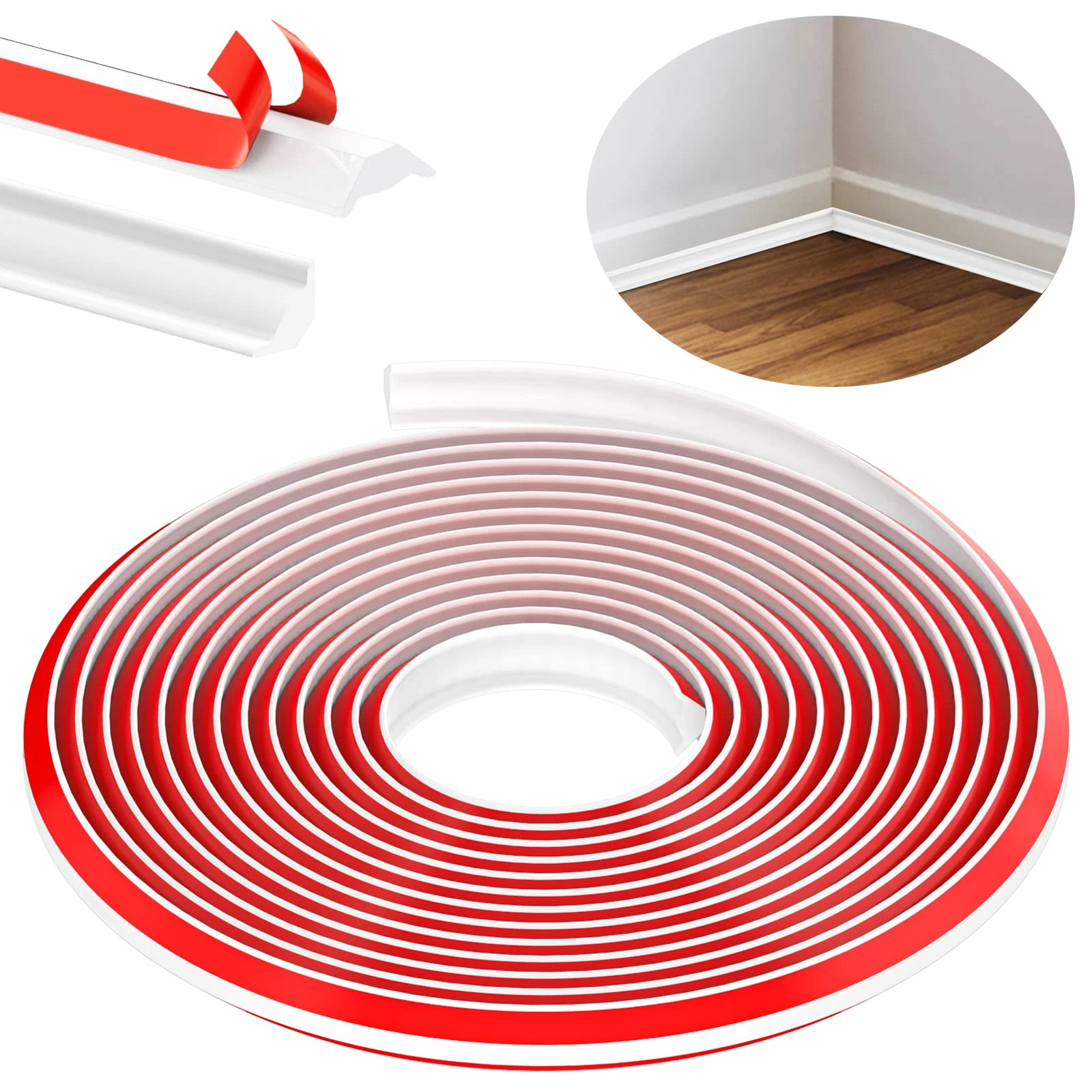 TPE Quadrant Trim, 6M Flexible Moulding Wall Corner Edging Strip Self Adhesive, Skirting Board Trim, Caulk Strip Beading for Laminate Flooring, Wall Ceiling, Cabinet Countertop, Etc (White,19 * 13 MM)