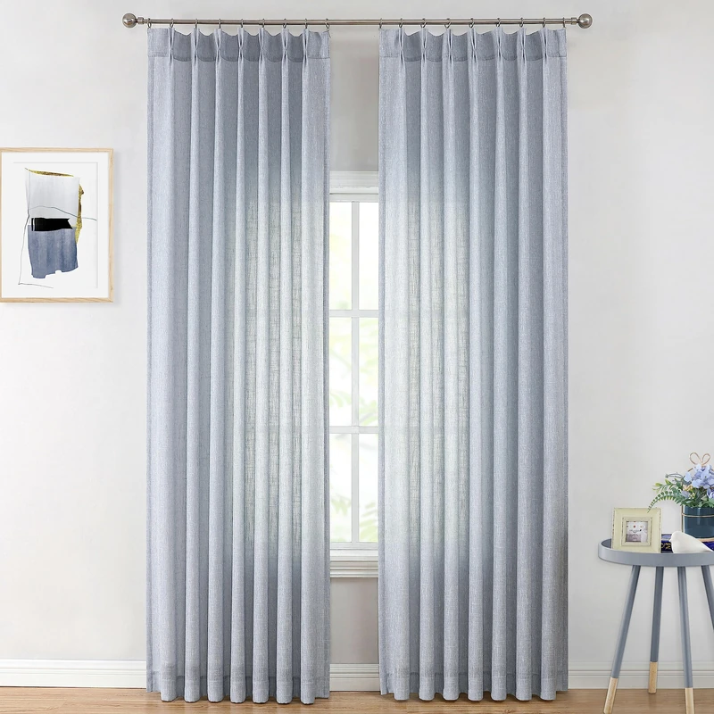Vision Home Chambray Blue Pinch Pleated Semi Sheer Curtains Textured Light Filtering Window Curtains 95 inch for Living Room Bedroom Rayon Blended Blue Pinch Pleat Drapes with Hooks 2 Panels 40"Wx95"L