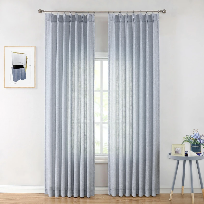 Vision Home Blue Pinch Pleated Semi Sheer Curtains Textured Light Filtering Window Curtains 108 inch for Living Room Bedroom Rayon Blend Chambray Blue Pinch Pleat Drapes with Hooks 2 Panels 40"Wx108"L