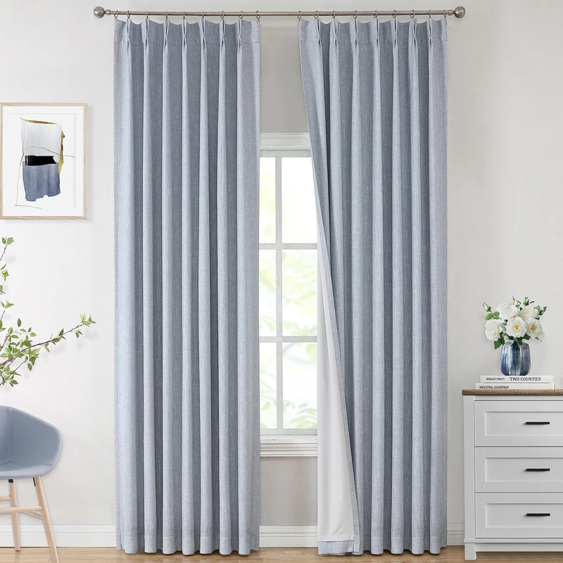 Vision Home Chambray Blue Pinch Pleated Full Blackout Curtains Room Darkening Window Curtains 95 inch for Living Room Bedroom Thermal Insulated Pinch Pleat Drapes with Hooks Back Tab 2 Panel 40"Wx95"L