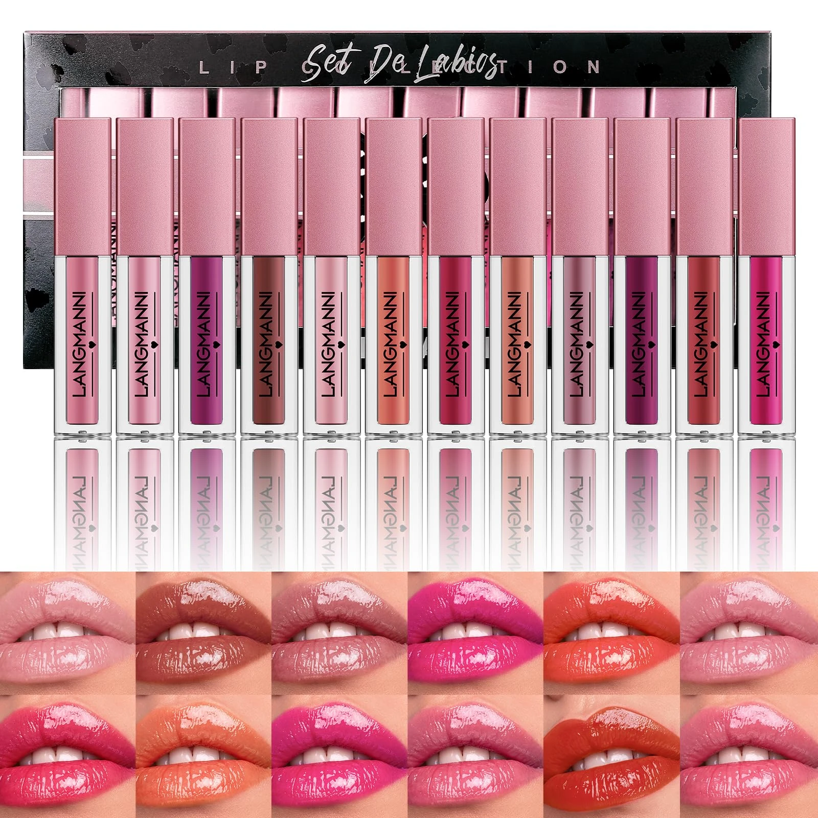 LANGMANNI 12Pcs Lip gloss Collection Makeup Set,Shiny Smooth Soft Liquid Lip Glosses Lip Stain With Rich Varied Colors For Girls And Women Makeup(Color-A)