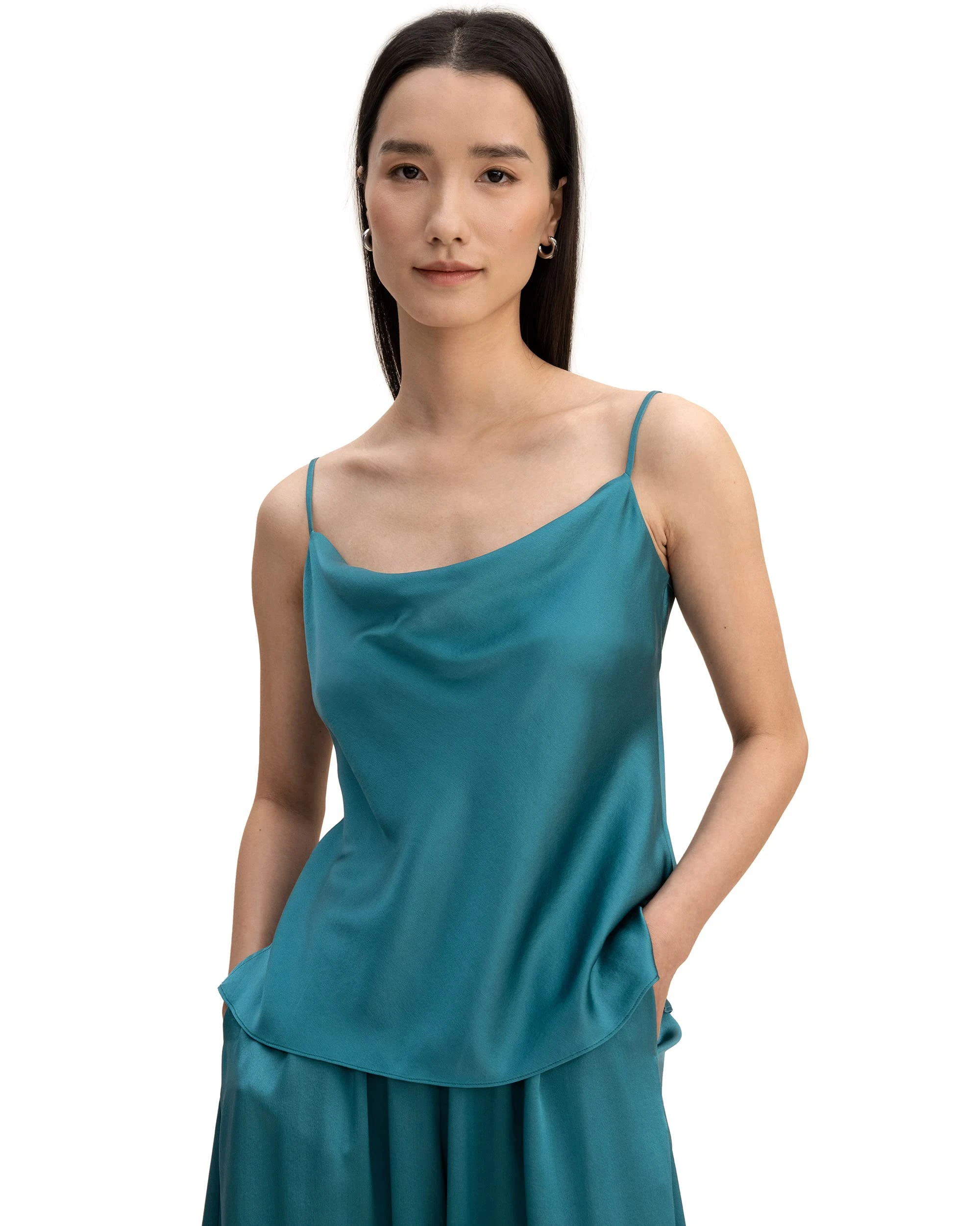 LilySilk 100% Silk Camisole for Women 19 Momme Charmeuse Silk Summer Top Versatile with Cowl Neck & Adjustable Spaghetti Straps(Adriatic Blue,L)