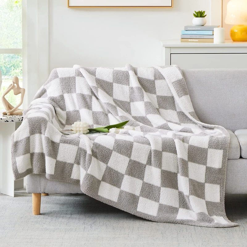 WRENSONGE Checkered Throw Blanket, Light Grey Soft Cozy Fluffy Warm Hand Made Throw Blankets for Couch, Sofa, Chair, Bed, Camping, Picnic, Travel Lightweight Bed Blanket - 60 * 80
