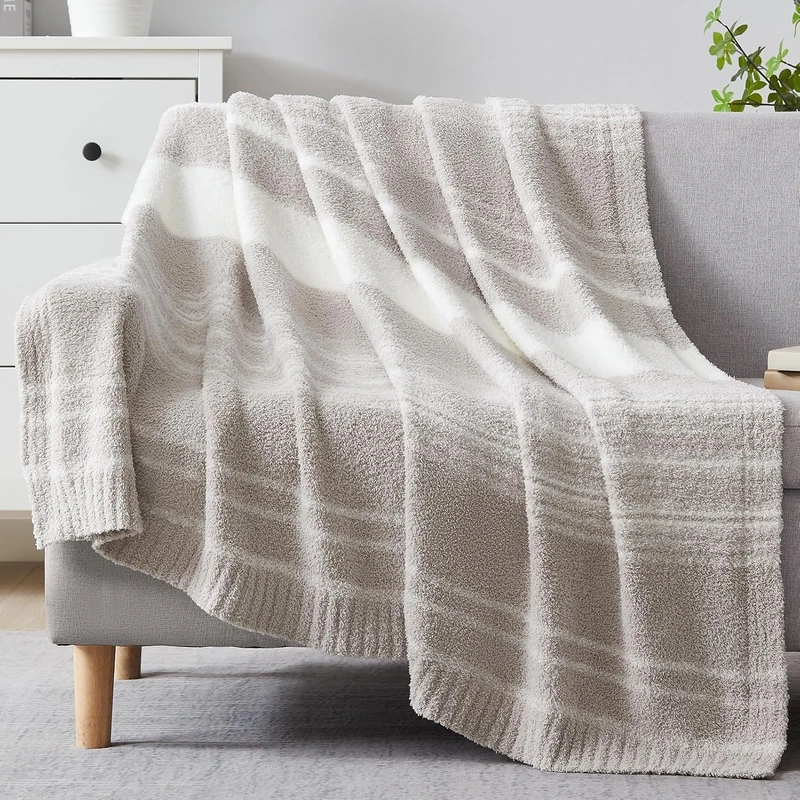 WRENGONGE Taupe Throw Blanket, 50x70 Soft Cozy Microfiber Striped Throw Blankets for Couch, Sofa, Bed, Travel, Lightweight Fluffy Warm Plush Decorative Blankets for Women, Men,Kids Gift - Image 1