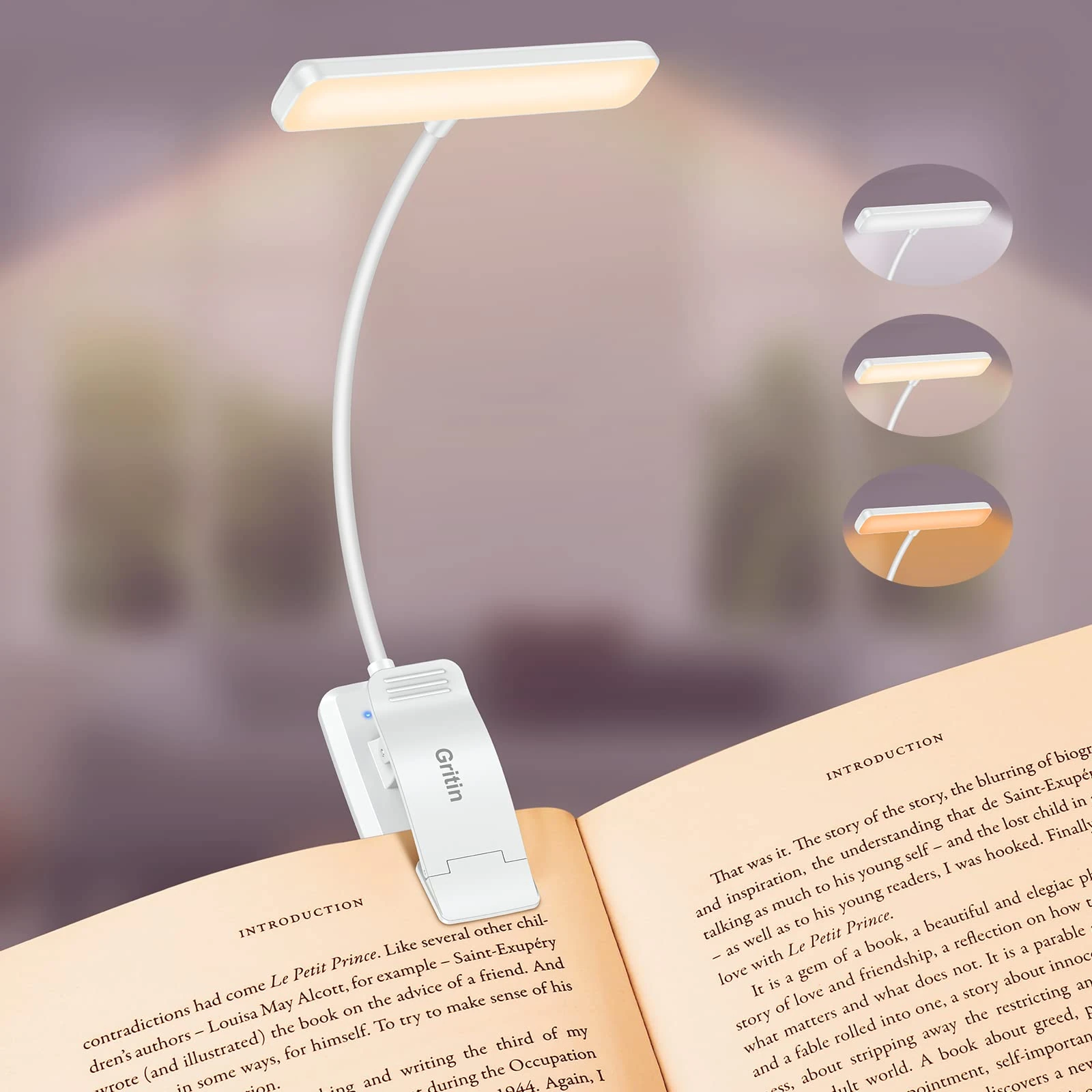 Gritin 19 LED Book Light, Reading Light Book Lamp for Reading at Night with Memory Function, 3 Eye-Protecting Modes -Stepless Dimming, Long Battery Life, 360° Flexible Lamp for Bed,Tablet- White