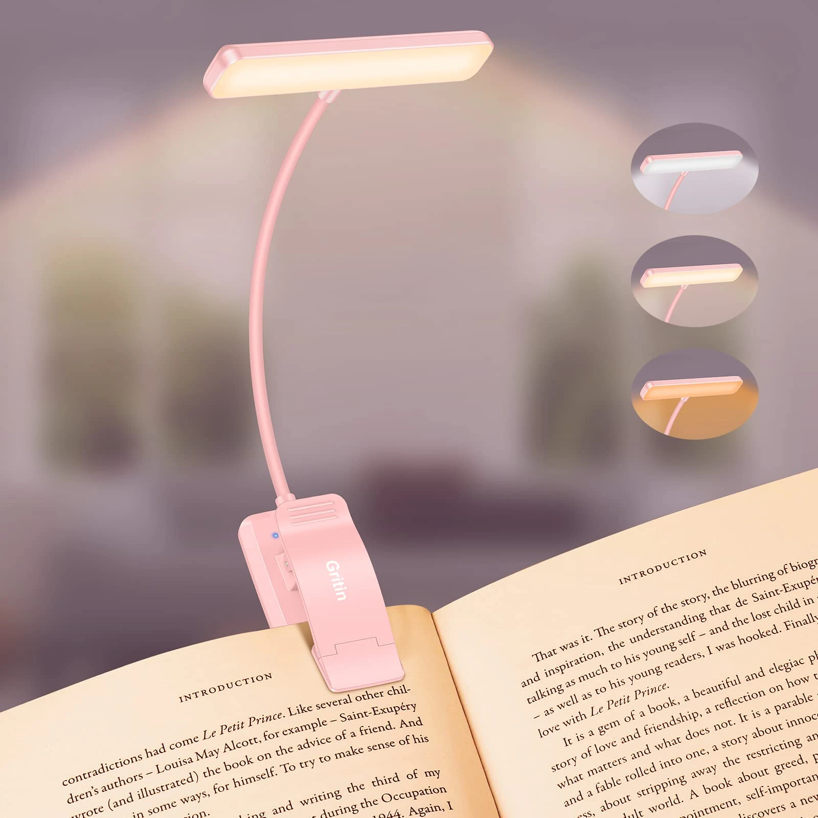 Gritin 19 LED Book Light, Reading Light Book Lamp for Reading at Night with Memory Function, 3 Eye-Protecting Modes -Stepless Dimming, Long Battery Life, 360° Flexible Lamp for Bed,Tablet- Pink
