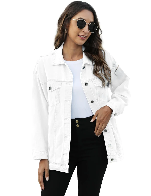 Omoone Women's Oversized Mid Long Denim Jacket Jean Biker Coat, White, L