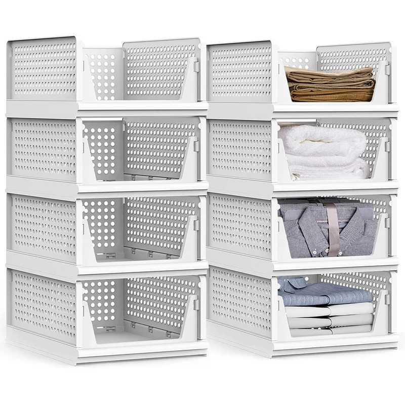 yazi Stackable Storage Bins,8 Pack Foldable Plastic Wardrobe Clothes Organizer Drawer Shelf Storage Basket Container Plastic Drawer Organizer Shelf Baskets Folding Containers Bins Cubes