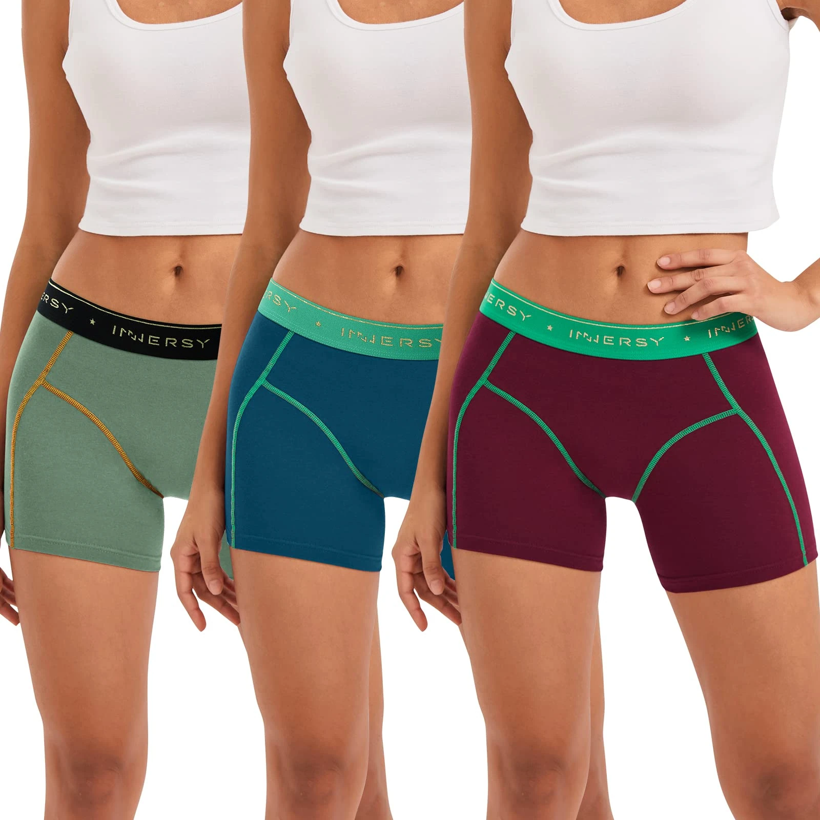 INNERSY Womens Boxer Shorts Chub Rub Boyshorts for Under Dresses Midi Cotton Underwear 3 Pack (14-16, Blue/Green/Burgundy)