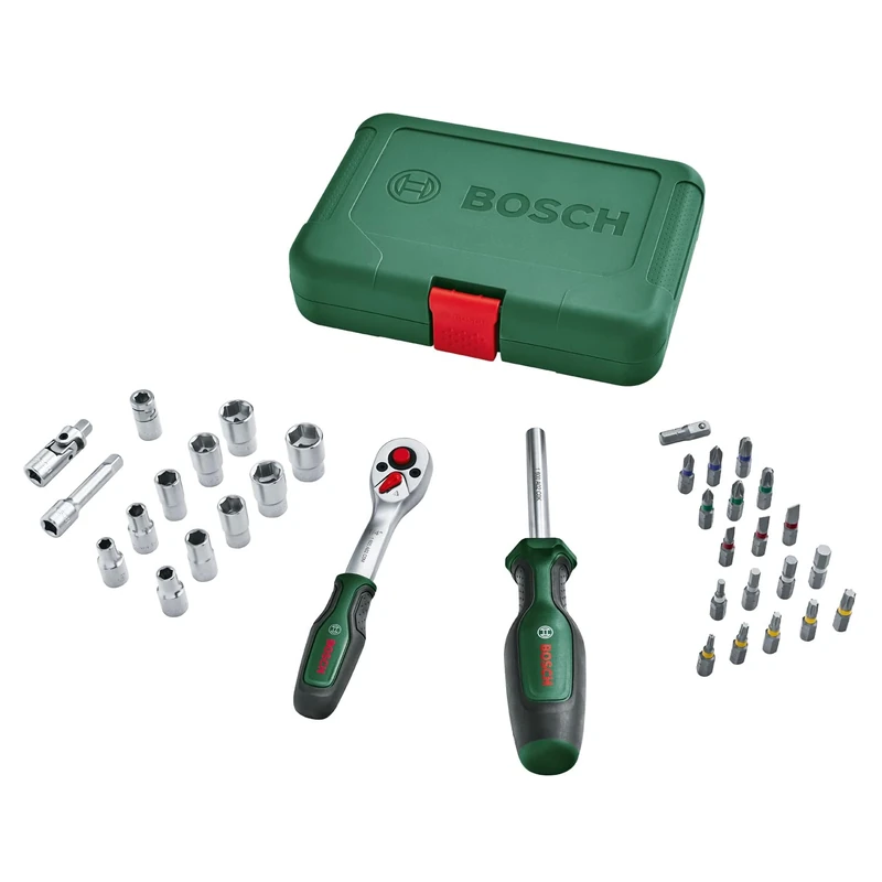 Bosch Ratchets / 1/4" Drive Socket Set 34-Piece (High-Quality, Versatile Drive Socket Set for Multiple DIY Tasks; Ergonomic, Soft Grip Handle; Magnetic Bits Holder)
