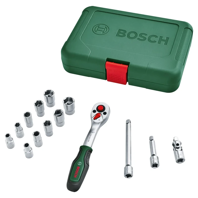 Bosch Ratchets / 1/4" Drive Socket Set 14-Piece (High-Quality, Versatile Drive Socket Set for Multiple DIY Tasks; Ergonomic, Soft Grip Handle; Magnetic Bits Holder)