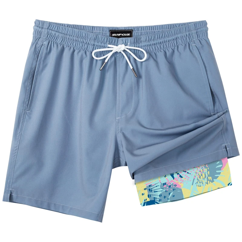SURF Cuz Mens Swim Trunks with Compression Liner Quick Dry Swim Shorts 7" Swimming Trunks Stretch Zipper Pockets, Haze Blue, L