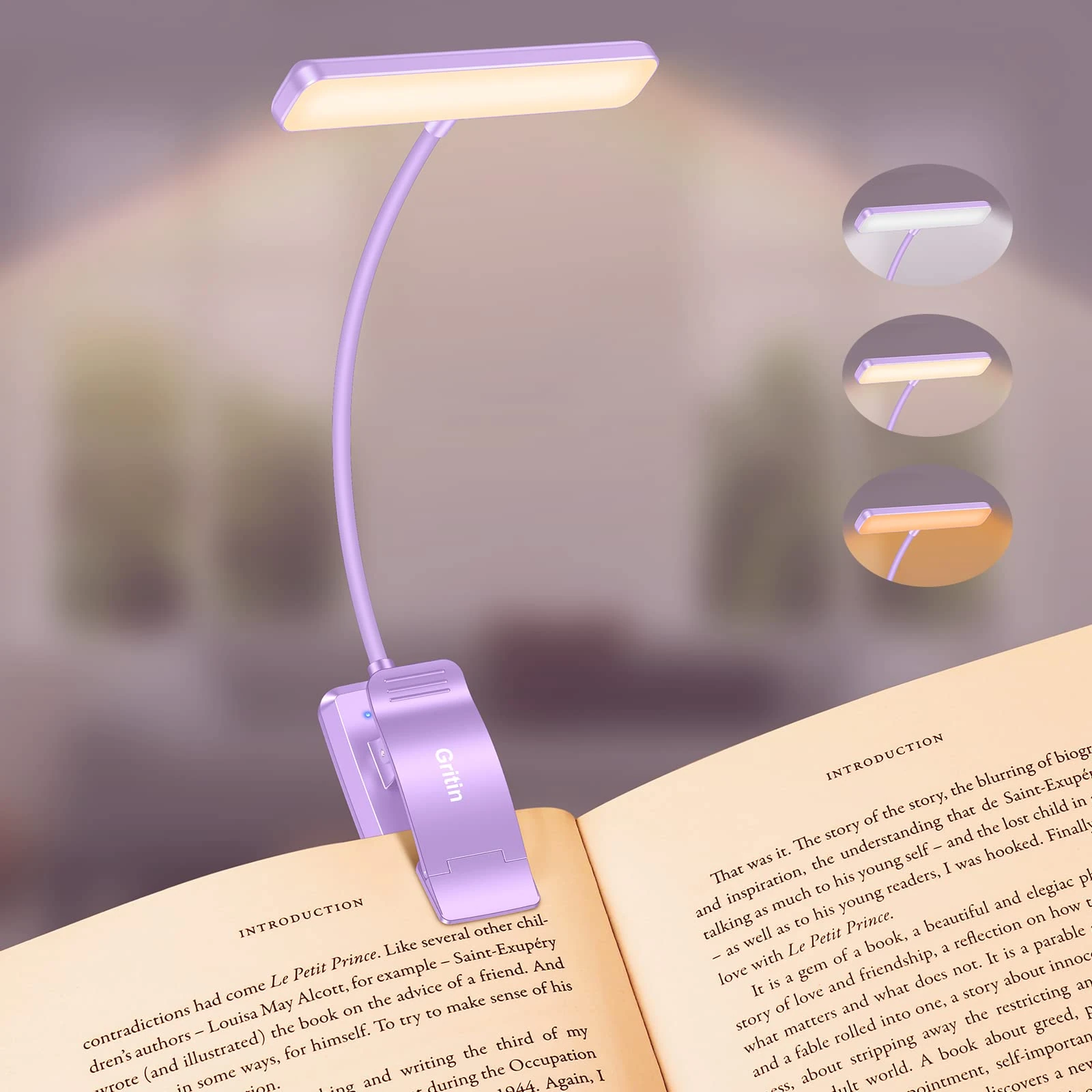 Gritin 19 LED Book Light, Reading Light Book Lamp for Reading at Night with Memory Function, 3 Eye-Protecting Modes -Stepless Dimming, Long Battery Life, 360° Flexible Lamp for Bed,Tablet- Purple