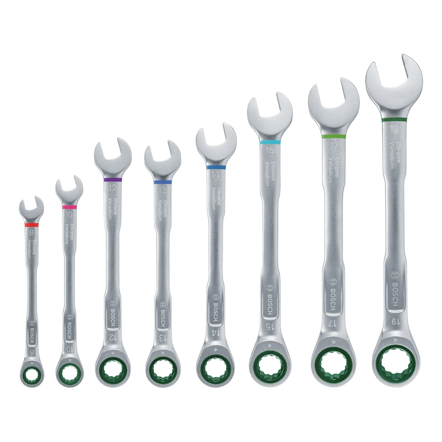 Bosch Wrenches/Ratchet Combination Wrench Set 8-Piece (Top Performance and Ultimate Convenience with Spanner Combination Set; High-Quality and Rust-Resistant; Colour-Coded Size Indication)