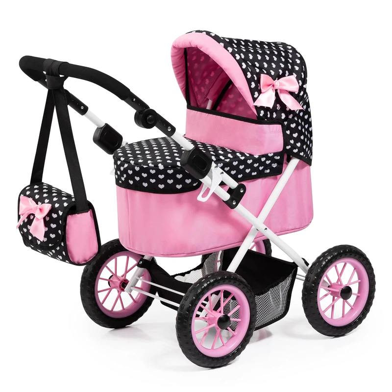 Bayer Design 13060AA Dolls pram Trendy, height-adjustable, foldable, bag, black, pink, white