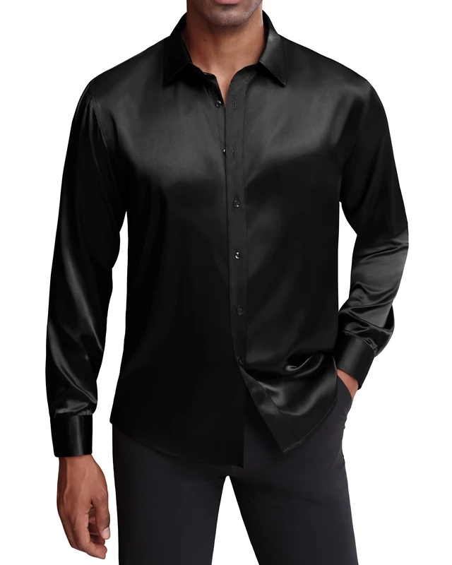 J.VER Men's Silk Satin Long Sleeve Dress Shirts Shiny Casual Button Down Shirt Luxury Party Prom Shirts, Black, 3XL - Image 1