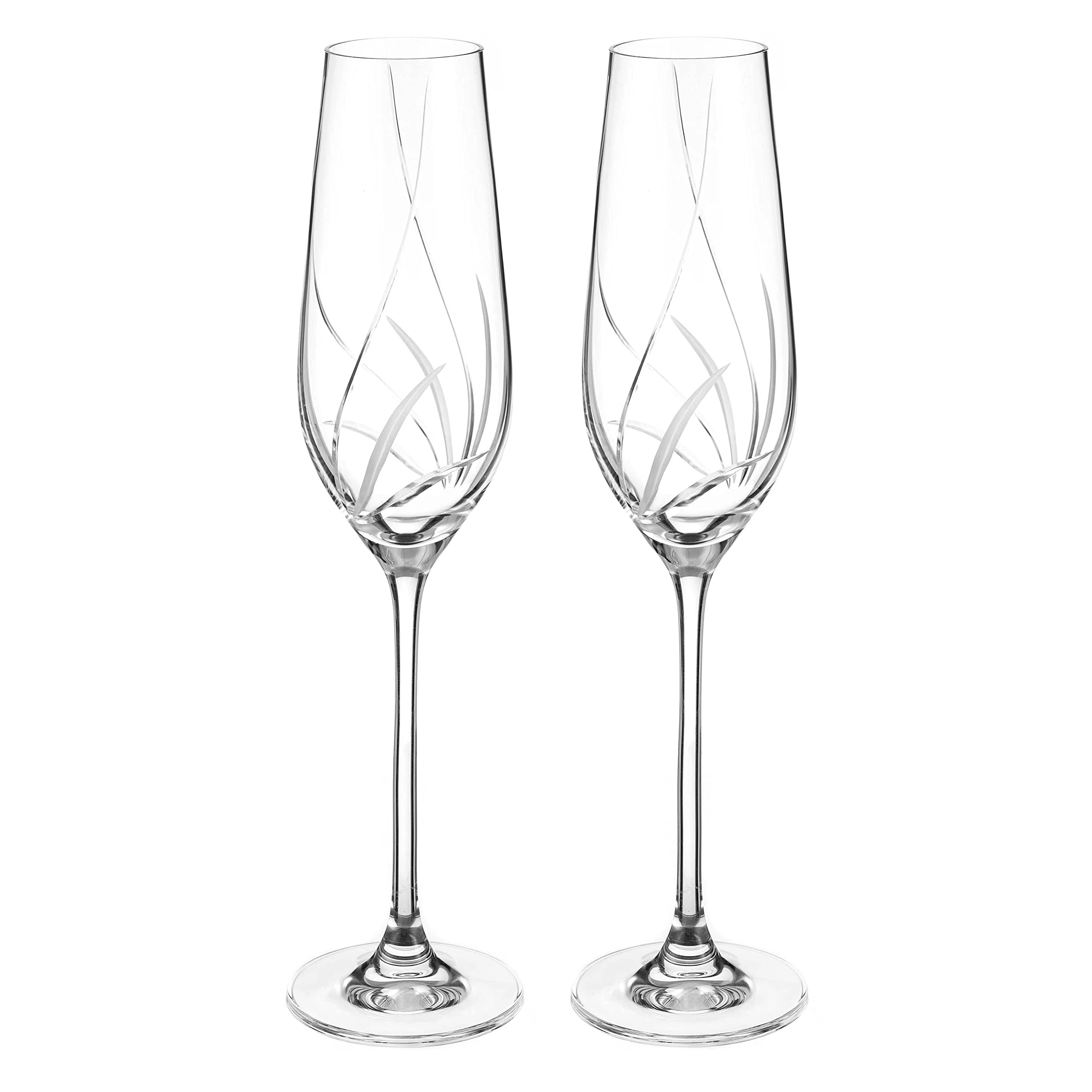 DIAMANTE Champagne Flutes Prosecco Glasses Pair with Meadow Hand Cut Design - Set of 2 Crystal Champagne Glasses in a Gift Box