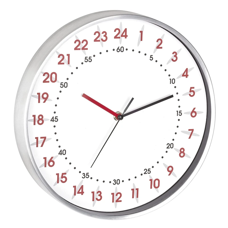 TFA Dostmann Analogue Wall Clock 24 Hour Display, 60.3069.02, with Red Hour and Black Minute Numbers, Aluminium Frame, Glass Cover, White