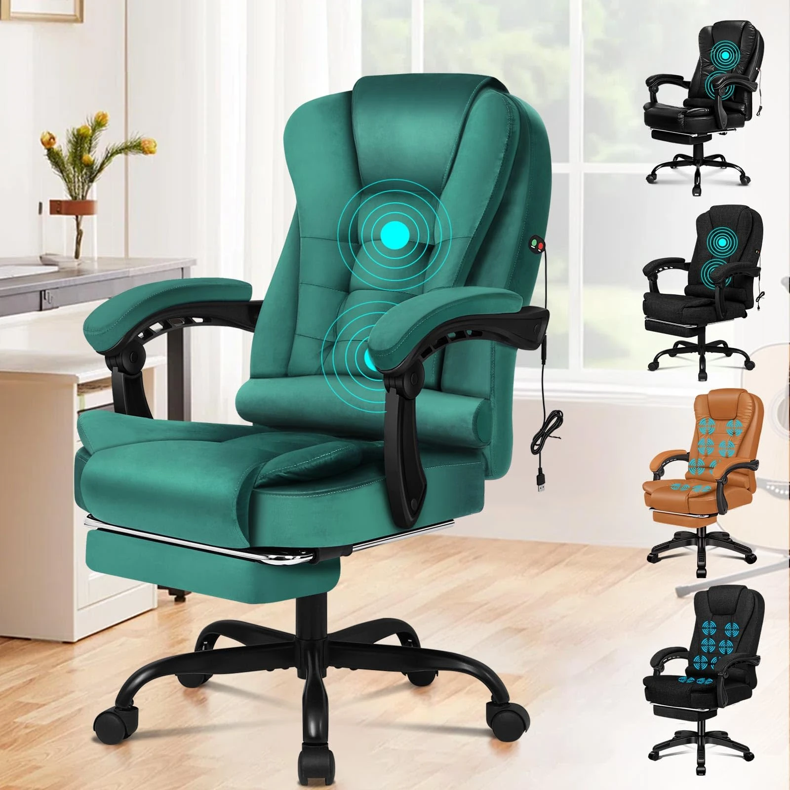 ELFORDSON Massage Office Chair for Home Office, Executive Desk Chair 77 cm High Back 150° Recliner Tilt Function Padded Swivel, Velvet Green