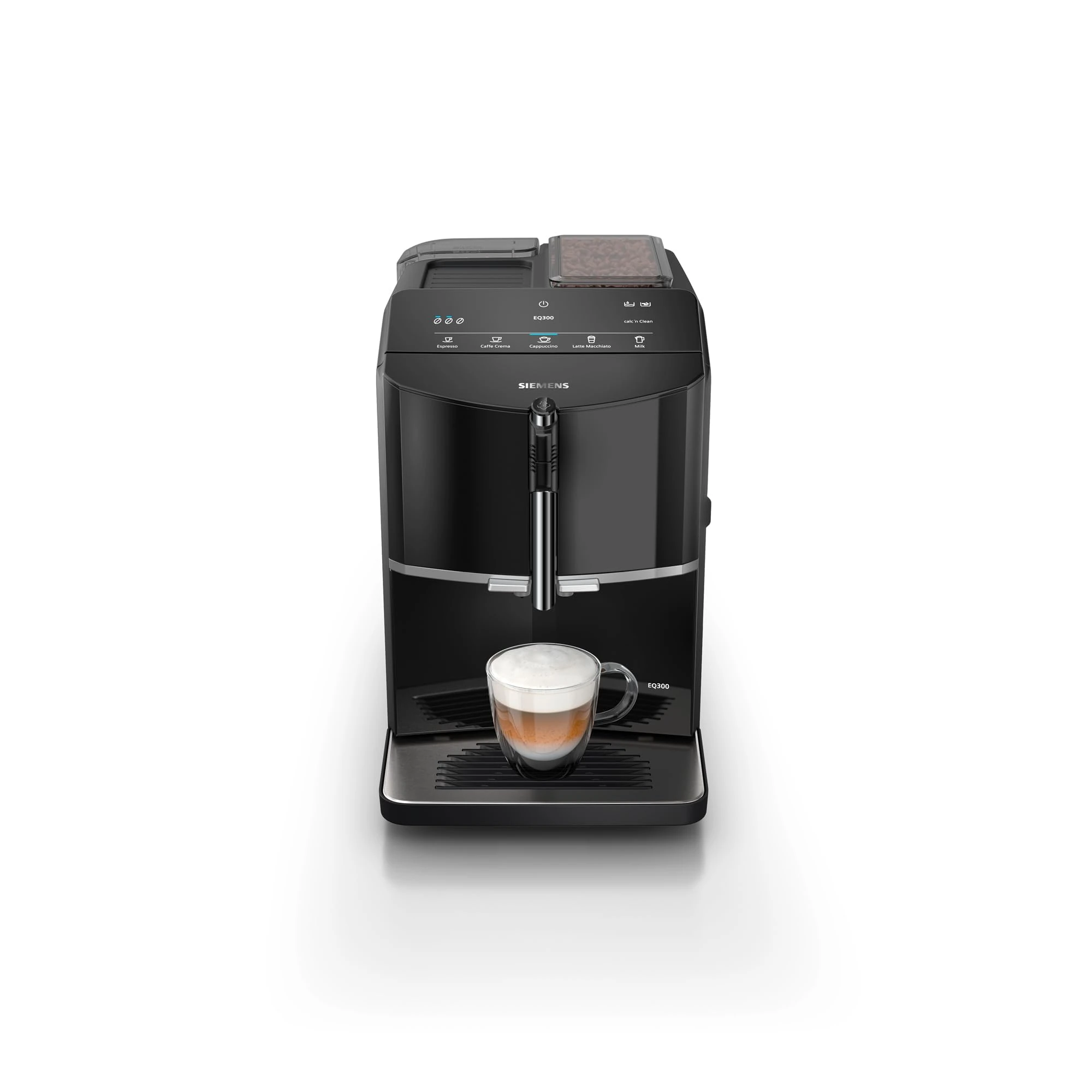 SIEMENS EQ300 Fully Automatic Bean to Cup Espresso Coffee Machine with milk frother arm, oneTouch Function, 4 coffee beverages, 3 coffee strengths, TF301G19, Piano Black