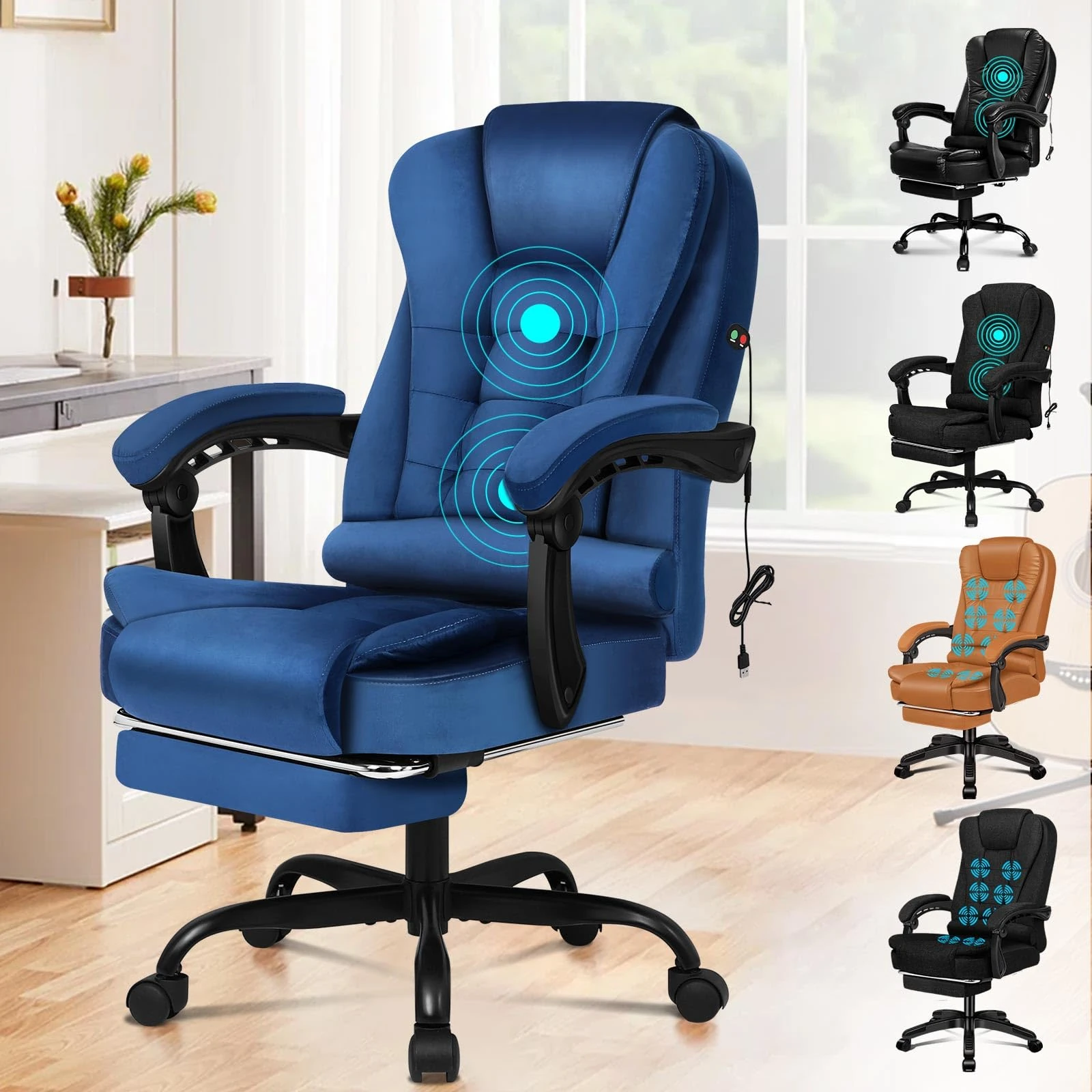 ELFORDSON Massage Office Chair for Home Office, Executive Desk Chair 77 cm High Back 150° Recliner Tilt Function Padded Swivel, Velvet Blue, 2-Point Massage