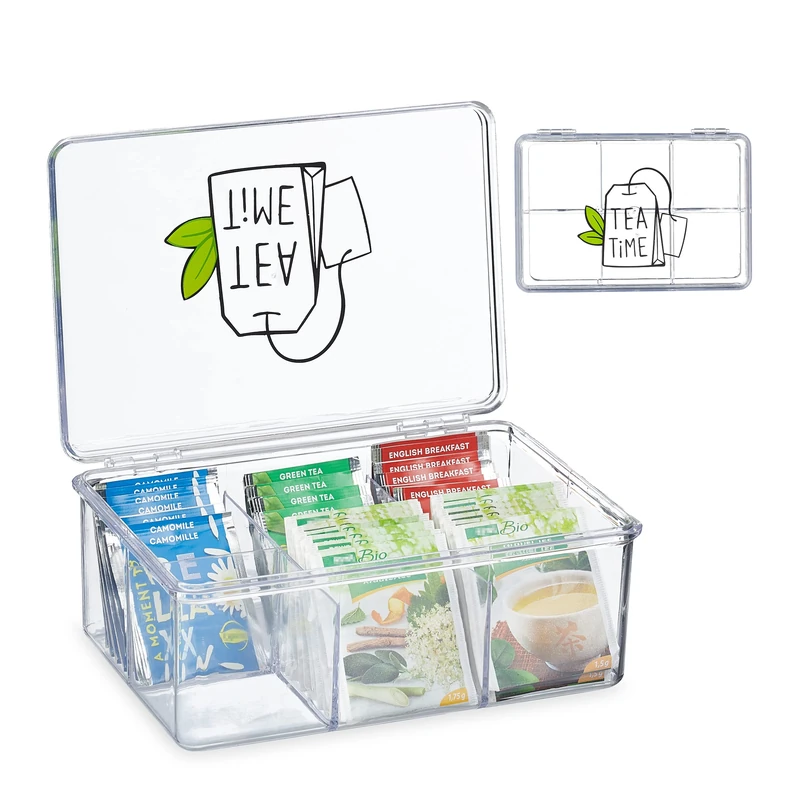 Relaxdays Tea Box, Plastic, 6 Compartments, Hinged Lid, Organiser, 9 x 21.5 x 15 cm, Caddy, Teabag Storage, Transparent