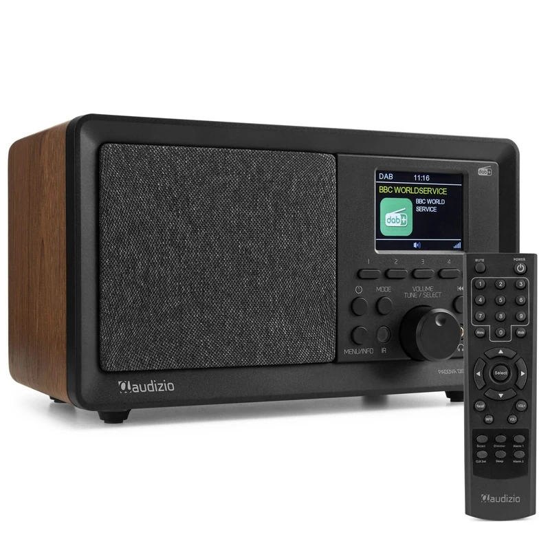 Audizio Padova DAB Digital Radio with Bluetooth 5.0, DAB+, FM & USB MP3 Player, 2.4" TFT Colour Display, DSP Audio Quality, Dual Alarm Clock, Wood Finish, Remote Control Included