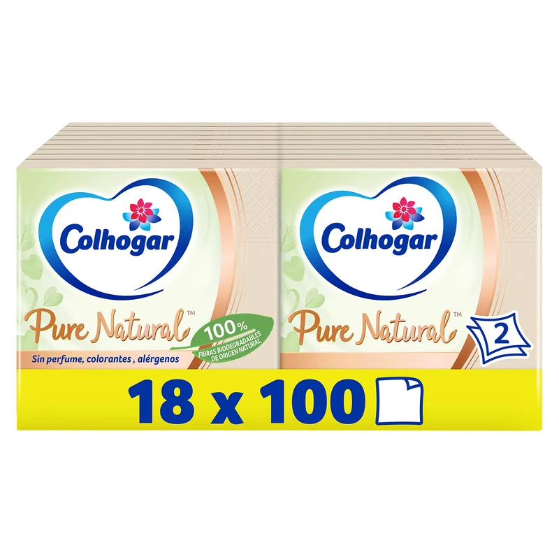 Colhogar Pure Natural 18 x 100, Biodegradable Two-Layer Napkins, Soft and Durable, Made with Recycled Materials, Natural Color [1800 Pcs]