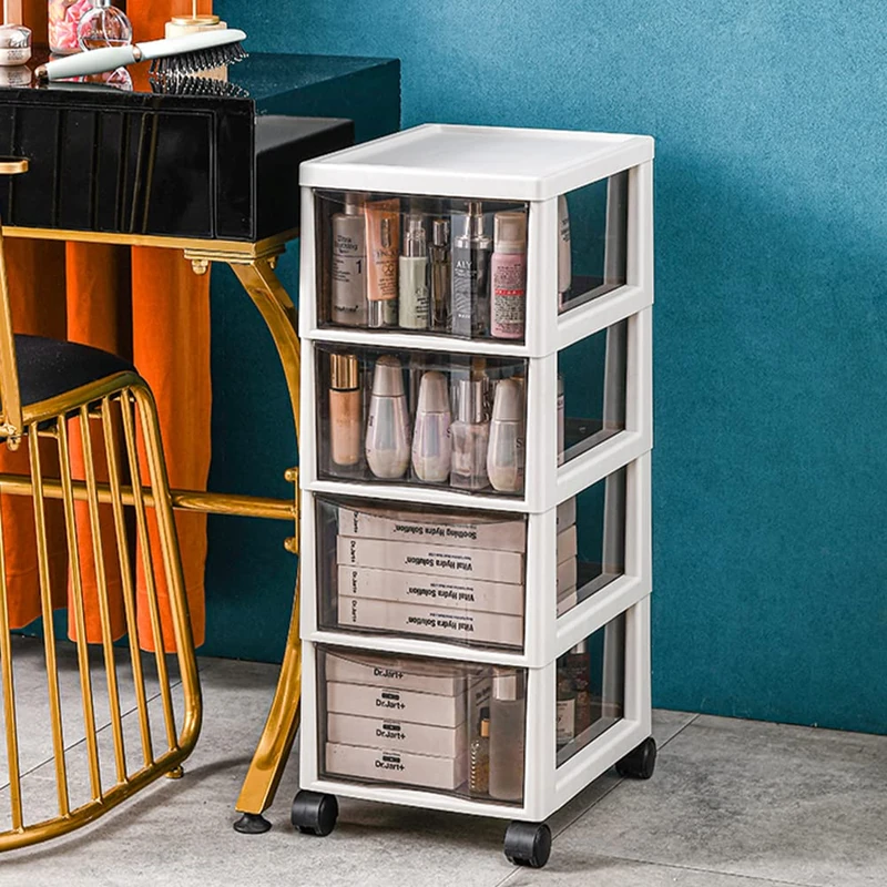BAKAJI Space-Saving Chest with Drawers Shelves Storage Clear Polypropylene Trolley with 4 Wheels and Sturdy White Structure, Multi-Purpose Organizer, Large Capacity (4 Drawers) - Image 1