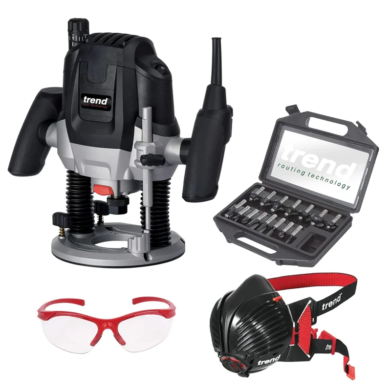Trend Ultimate Routing Starter Set with Trend T7EK Workshop Router, 15-Piece Cutter Set, Air Stealth Dust Mask P3 Respirator & Safety Glasses, 1/2 Inch, 2100W, 240V, Black, T7/STARTER/SET