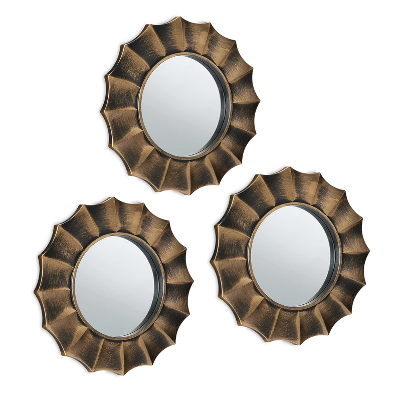 Relaxdays Set of 3 Mirrors, Round, Decorative, Ø 25 cm, Wall Mounted, Plastic Frame, Lounge, Bedroom & Hallway, Gold