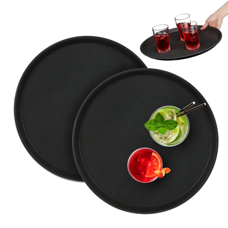 Relaxdays Set of 2 Serving Tray, Round Ø 40 cm, Bar Drinks Plate, Non-Slip Surface, Waiter's Catering, Versatile, Black