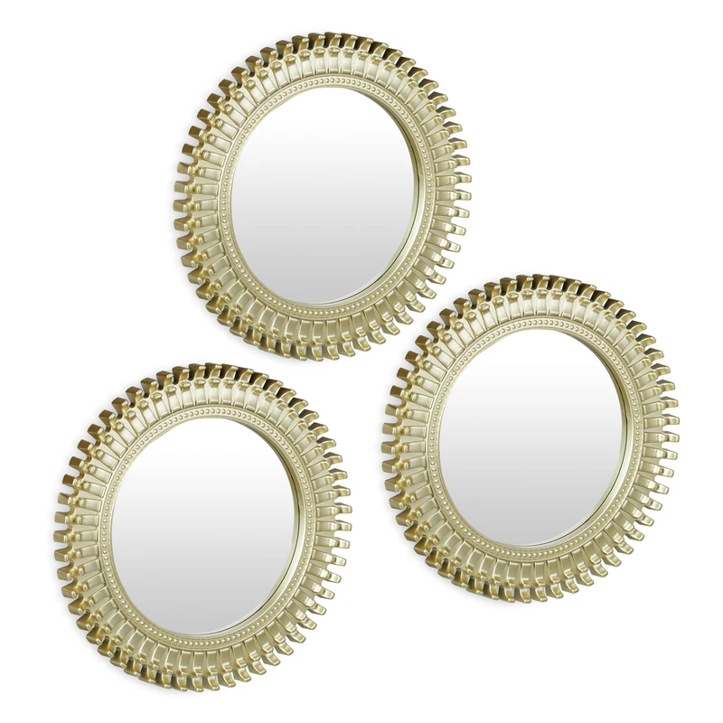 Relaxdays Set of 3 Mirrors, Round, Decorative, Ø 25 cm, Wall Mounted, Plastic Frame, Bedroom, Lounge & Hallway, Gold - Image 1