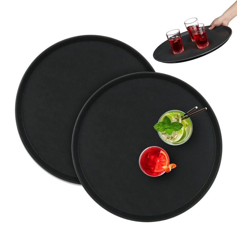 Relaxdays Set of 2 Serving Tray, Round Ø 45 cm, Bar Drinks Plate, Non-Slip Surface, Waiter's Catering, Versatile, Black