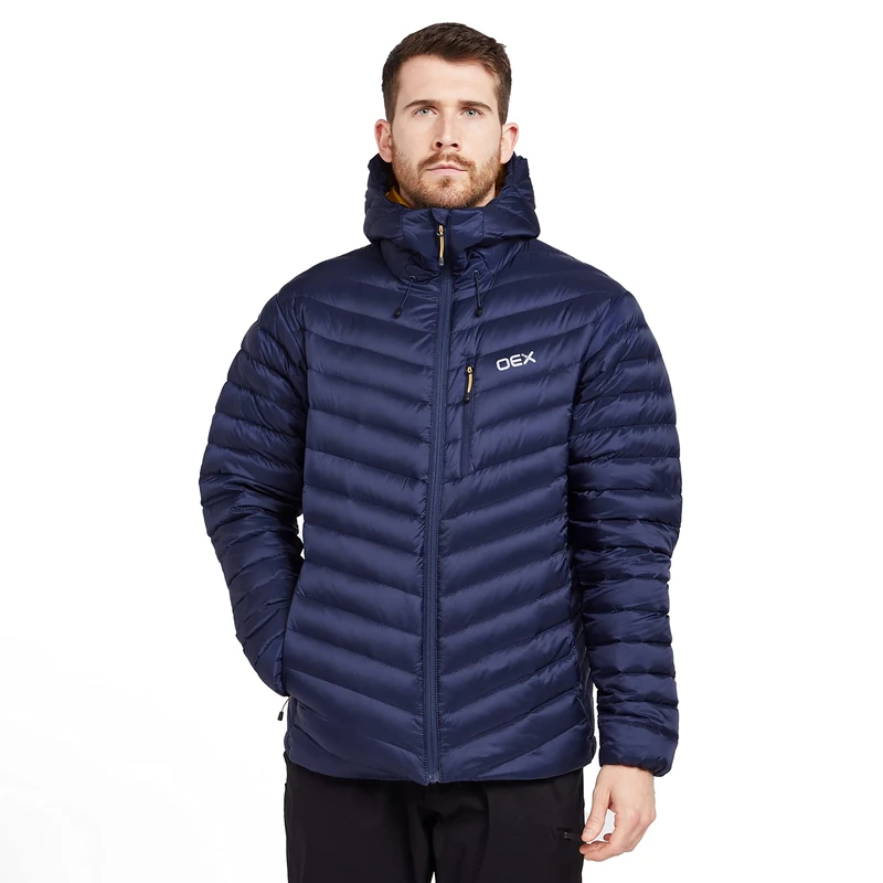 OEX Men’s Kintra Down Jacket with Wired Peak Adjustable Hood & Athletic Fit, Water-repellent, Lightweight & Packable (UK, Alpha, L, Regular, Regular, Navy)
