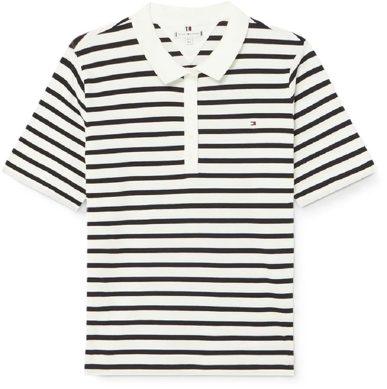 Tommy Hilfiger Women 1985 Reg Pique Stripe Polo Ss S/S Polos, White, XXL
