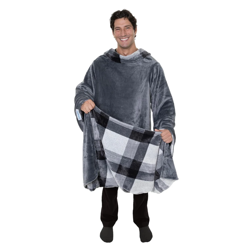 Snuggie Reversible- The Original Wearable Blanket With Sleeves, Warm, Cozy Soft Velveteen, Functional Blanket with Sleeves, Grey/Plaid, One Size