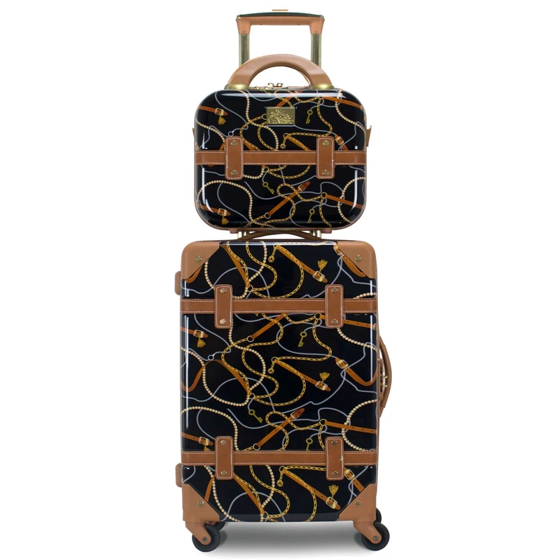 World Traveler Chariot Gatsby Vintage Style 2-Piece Hardside Carry-On Retro Train Case Spinner Luggage Set, Posh Black, 2-Piece Set (Tote/20-Inch), Chariot Gatsby Vintage Style 2-Piece Hardside