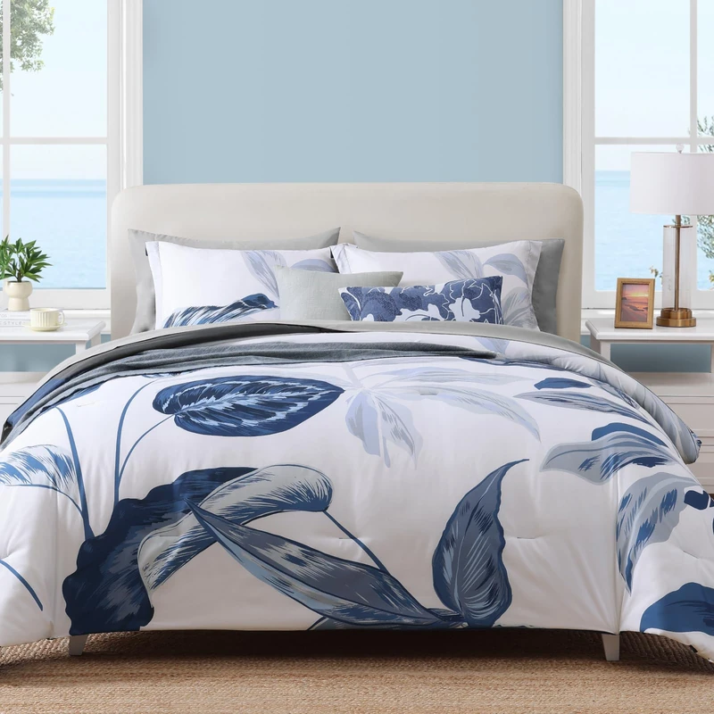 WRENSONGE Queen Comforter Set, 7 Pieces Blue Floral Comforter Set with Sheets for Queen Size Bed, Leaf Pattern Queen Bedding Set, Soft Lightweight Breathable Microfiber Bed in a Bag for All Seasons