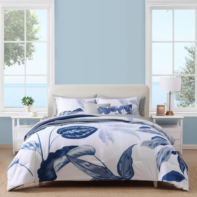 WRENSONGE King Size Comforter Set, 7 Pieces Blue Floral Comforter Set with Sheets for King Size Bed, Leaf Pattern King Bedding Set, Soft Breathable Bed in a Bag King for All Seasons
