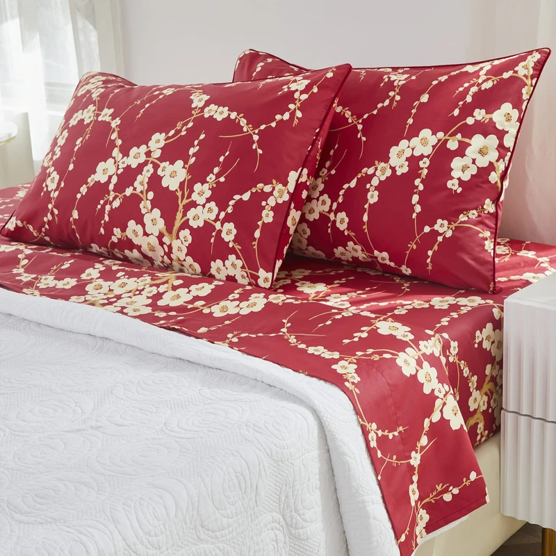 Brandream Floral Sheet Set Japanese Oriental Style Cherry Flower Red Blossom Branches Print Chinoiserie Bedding Pillowcases Set 800TC Egyptian Cotton Sateen Botanical Tree, 4 Piece-Queen Size