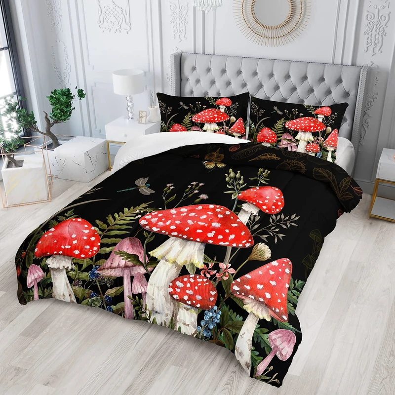 XYNHML Red Mushroom Kawaii Comforter Set Queen Size Kids Mushroom Dragonfly Bedding Set Botanical Plant Theme Print Quilt Bed Set for Boys Girls Adults with 1 Comforter and 2 Pillowcases
