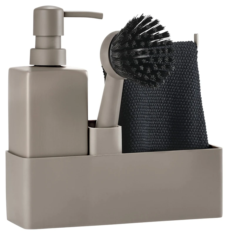 Zone Denmark Set of 4 Dishwasher Accessories with Soap Dispenser/Dishwashing Liquid Dispenser, Cloth and Dish Brush, 19 x 6 x 20.5 cm, Taupe